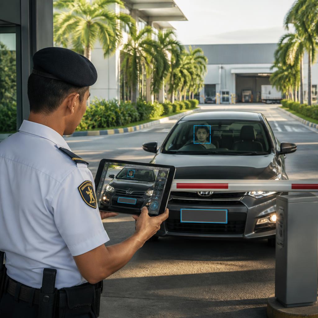 AI computer vision scanning a vehicle at the gate, detecting the driver’s face and licence plate in real time